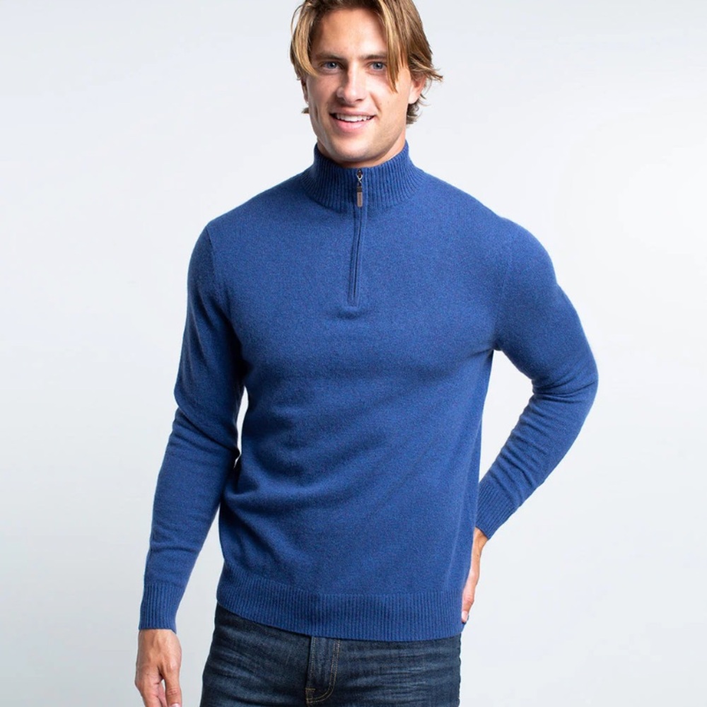 Quinn Men's Bradley Cashmere Quarter Zip Blue size large